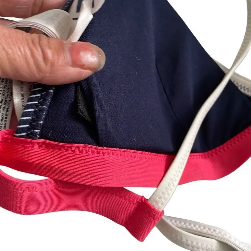 EUC Athleta Navy Blue White Pink Trim Triangle Bikini Top - Small
